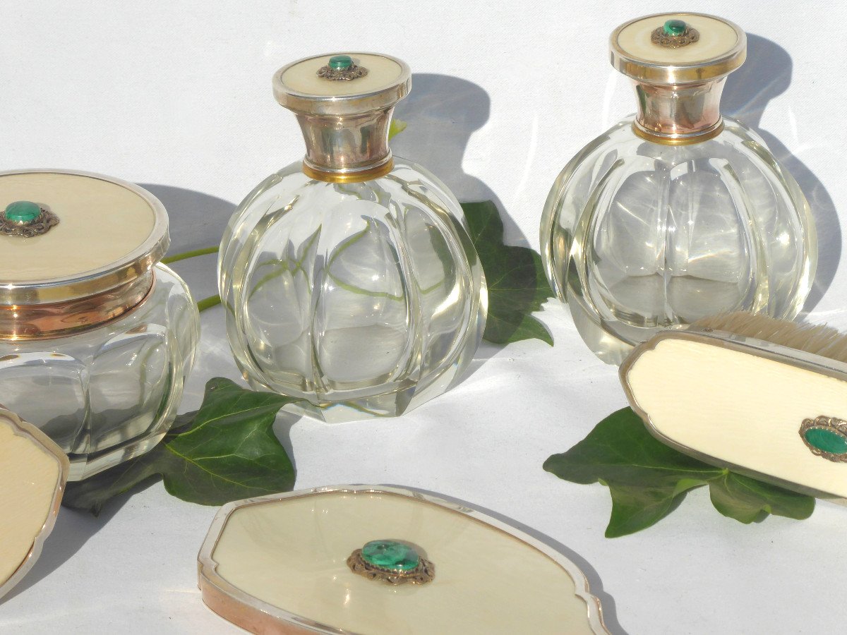 Toiletry Necessary, Perfume Bottles In Sterling Silver, Crystal & Malachite Art Deco 1930-photo-1