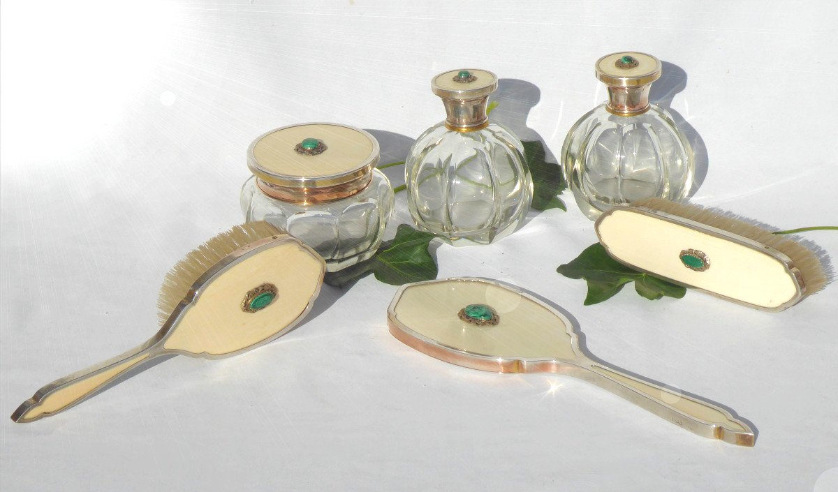 Toiletry Necessary, Perfume Bottles In Sterling Silver, Crystal & Malachite Art Deco 1930