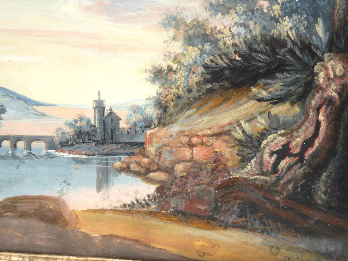 Gouache d'époque Empire Encadrement Bois Doré Paysage Pont Debut XIXe Tour De Marlborough-photo-1