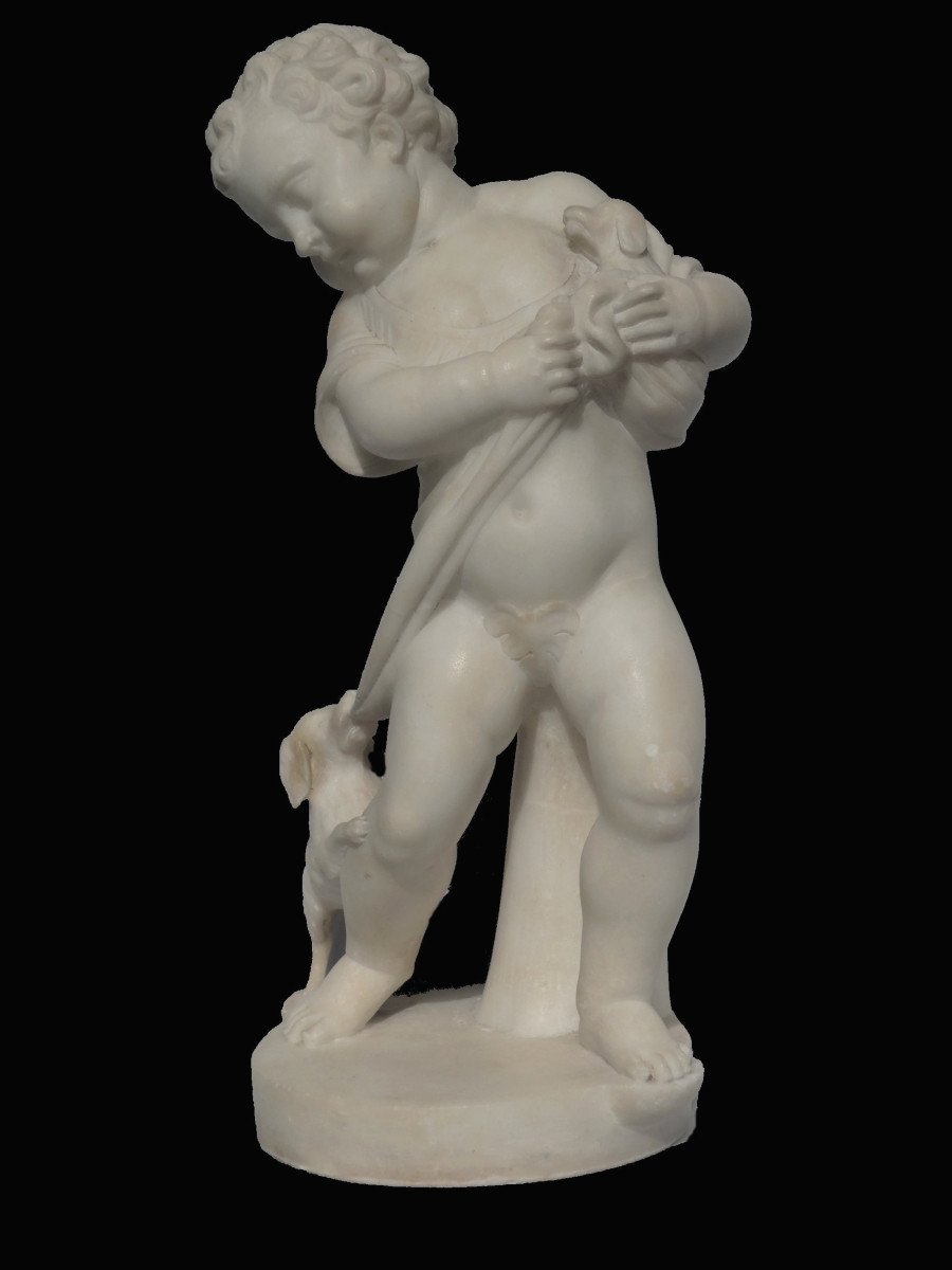 Sculpture à l'Antique d'Aprés Sigisbert Francois Michel , Enfant Derobant Un Chiot , Chien , Putto , Albatre -photo-2