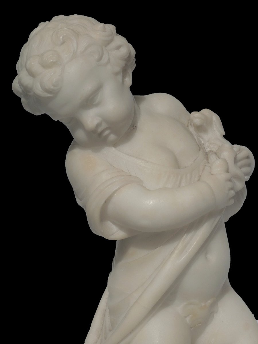Sculpture à l'Antique d'Aprés Sigisbert Francois Michel , Enfant Derobant Un Chiot , Chien , Putto , Albatre -photo-3