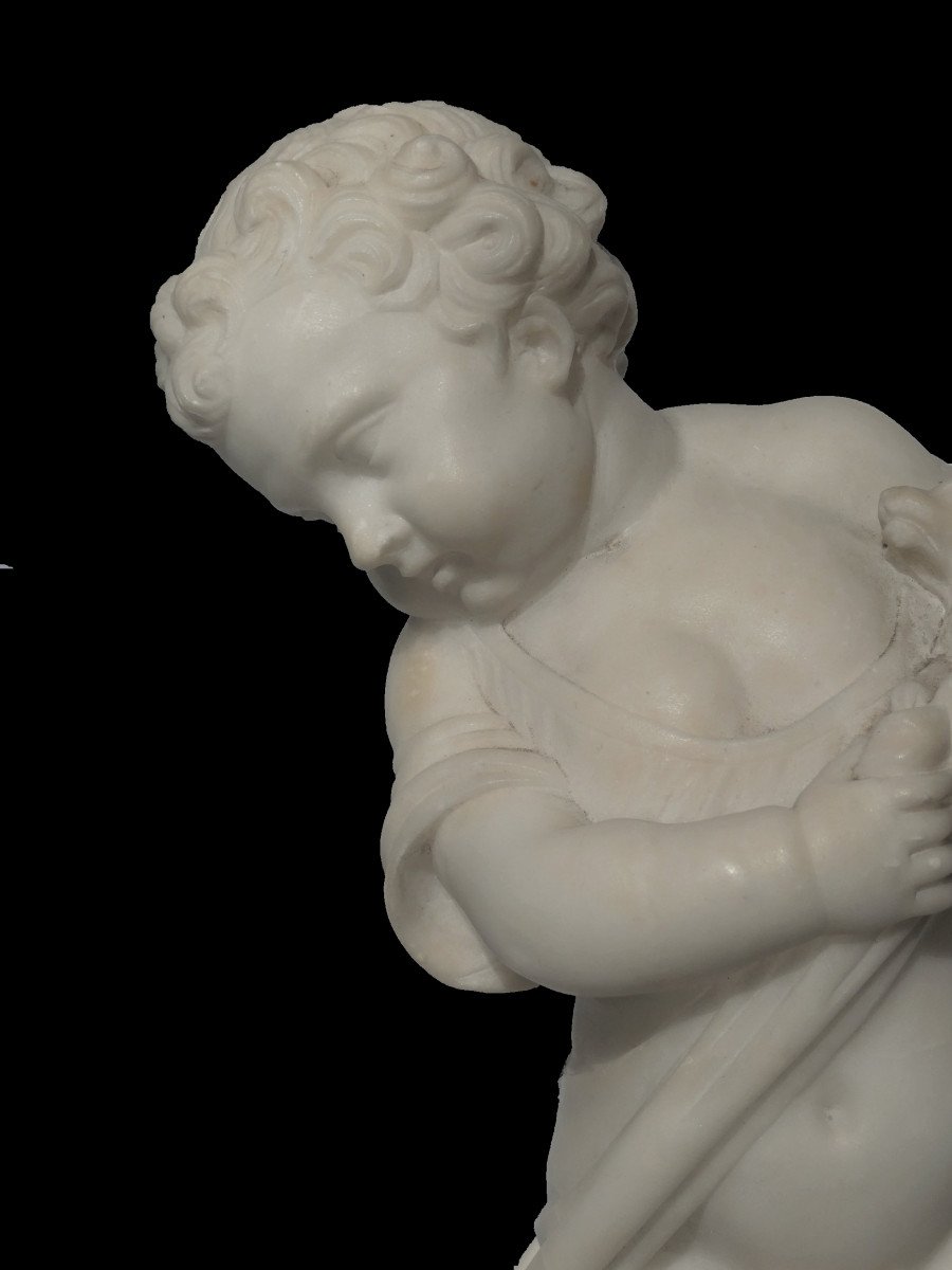 Sculpture à l'Antique d'Aprés Sigisbert Francois Michel , Enfant Derobant Un Chiot , Chien , Putto , Albatre -photo-7
