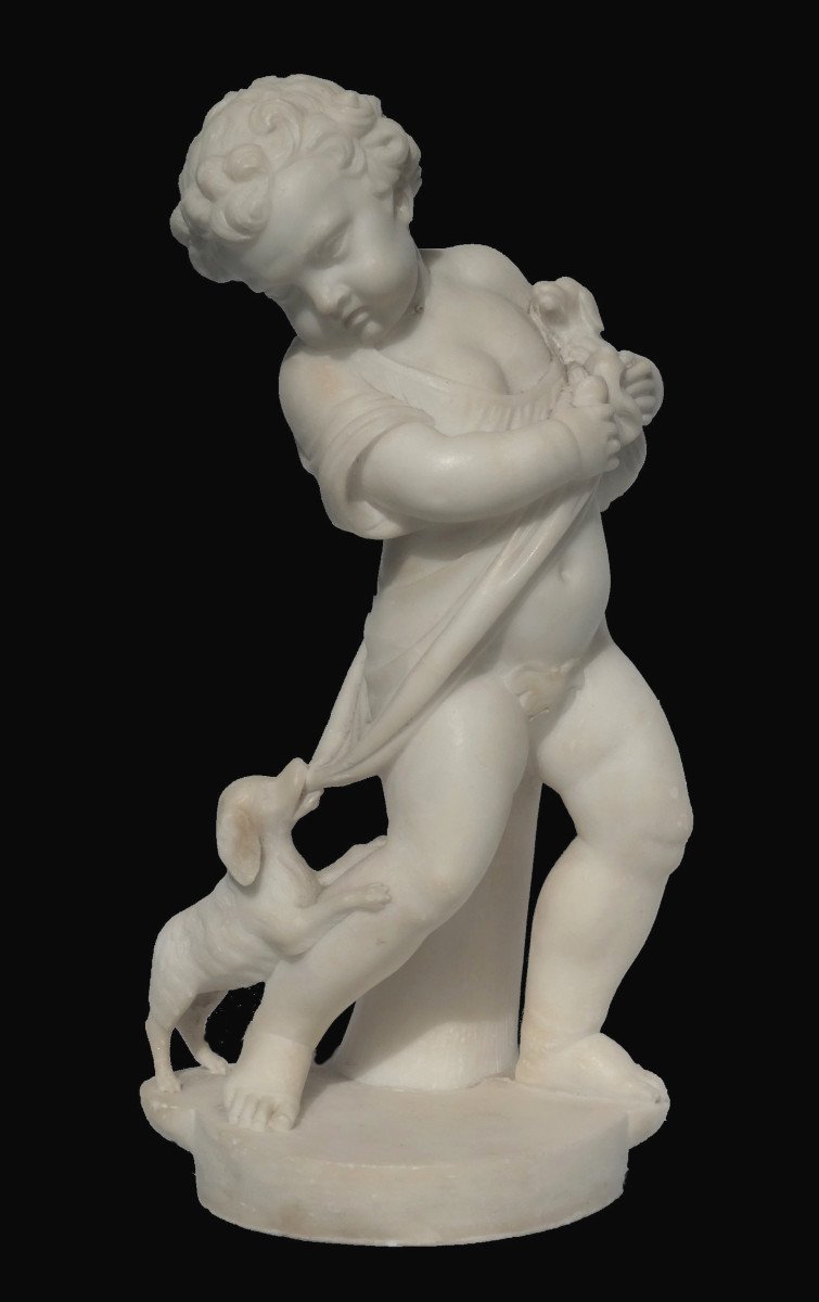 Sculpture à l'Antique d'Aprés Sigisbert Francois Michel , Enfant Derobant Un Chiot , Chien , Putto , Albatre 