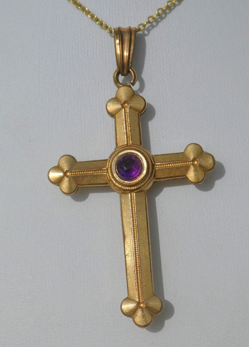 Croix Pendentif époque Napoléon III , Pomponne Et Amethyste , Style Gothique , Bijou De Cou -photo-3