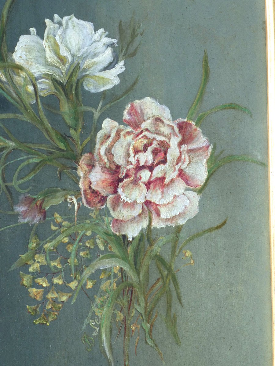 Peinture Sur Porcelaine Epoque Fin XIXe Siecle , Bouquet De Fleurs Napoléon III , Cadre Doré -photo-3