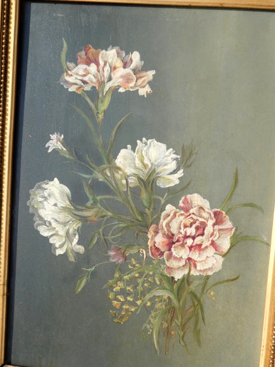 Peinture Sur Porcelaine Epoque Fin XIXe Siecle , Bouquet De Fleurs Napoléon III , Cadre Doré -photo-3