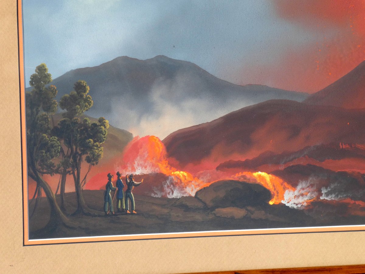 Large Neapolitan Gouache Souvenir Of The Grand Tour, 19th Eruption Of Vesuvius Volcano 1820 Vesuvius-photo-2