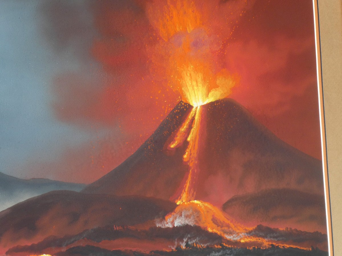 Large Neapolitan Gouache Souvenir Of The Grand Tour, 19th Eruption Of Vesuvius Volcano 1820 Vesuvius-photo-3