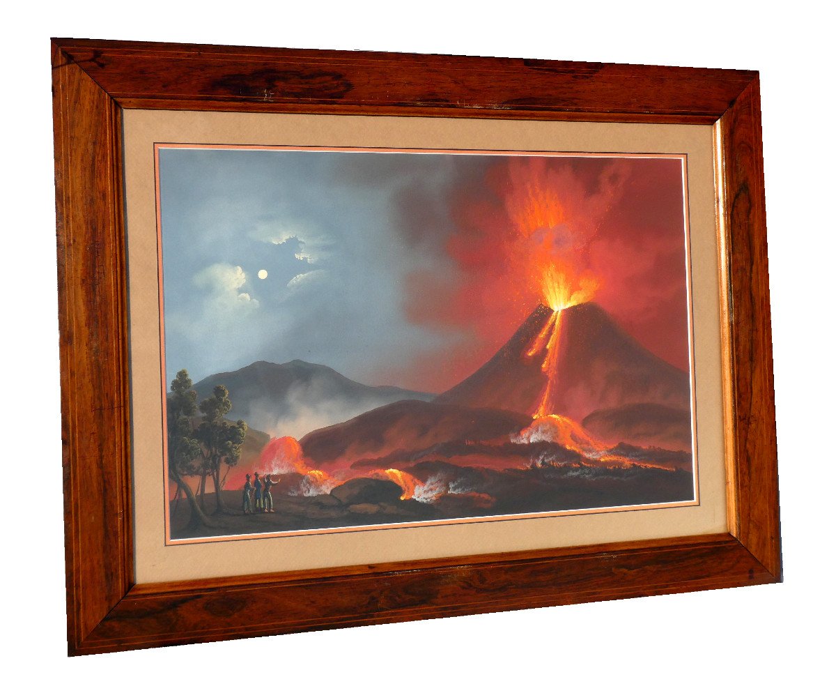 Large Neapolitan Gouache Souvenir Of The Grand Tour, 19th Eruption Of Vesuvius Volcano 1820 Vesuvius