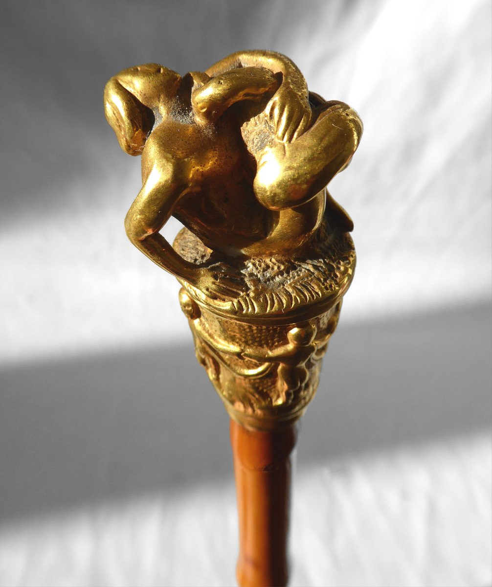 Walking Cane, 19th Century Period Erotic Gilt Bronze Knob Curiosa, Leda & The Swan-photo-4