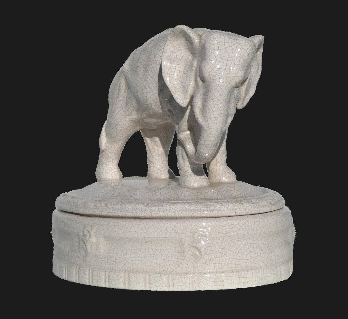 Coffret à Bijoux En Faience Craquelée , époque Art Deco , Boite à l'Elephant , Bonbonniere 1920-photo-2