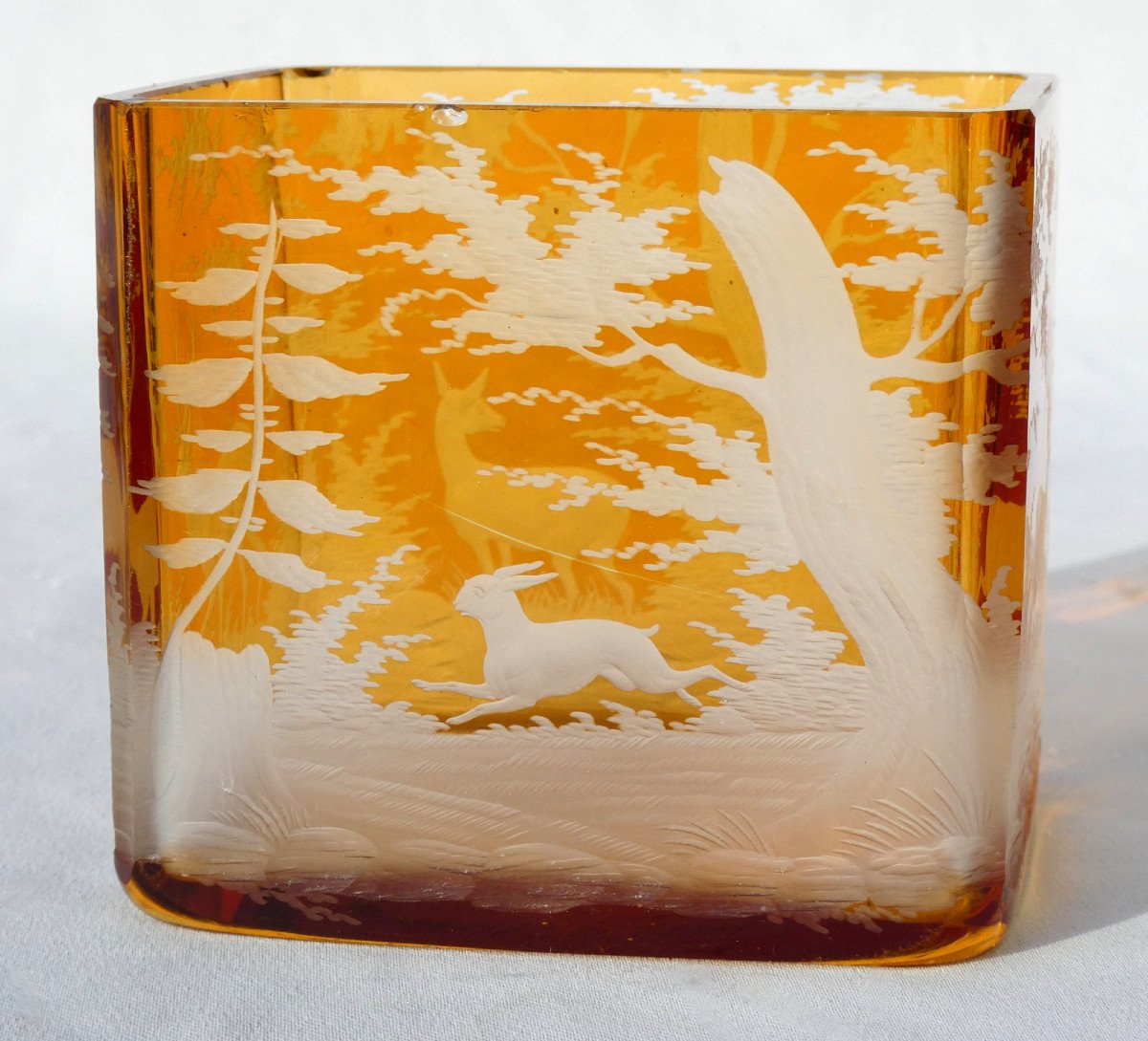 Bohemian Crystal Vase, Deer And Hare Decor, Amber Honey Color, 19th Napoleon III 