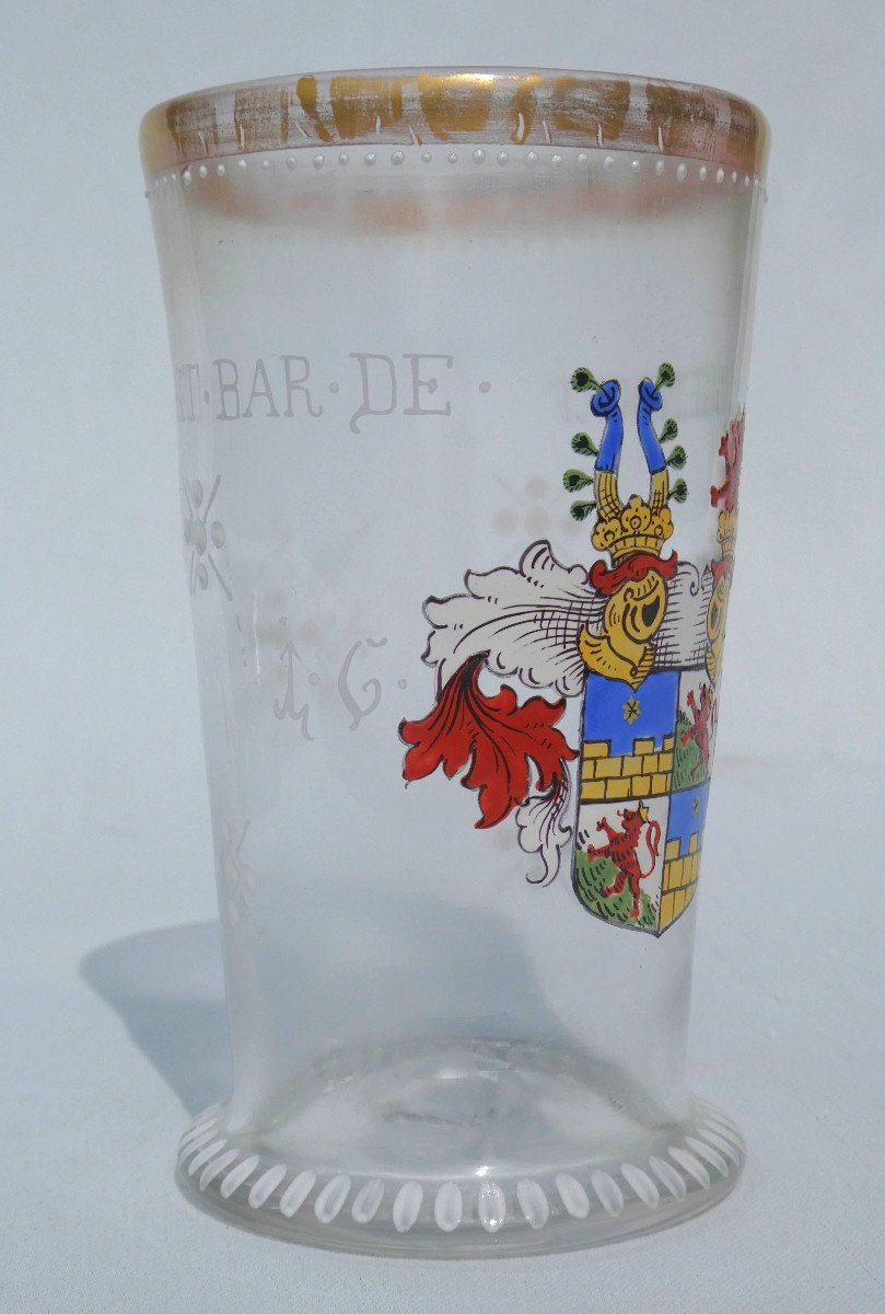 German Glass, Enamelled Decor Of Coat Of Arms / Heraldry, 17th Century Style, Baron, 19th-photo-2