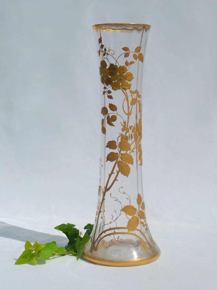 Large Diabolo Vase In Baccarat Crystal, Hot Enameled Gilding Decor, Japonisme 1880