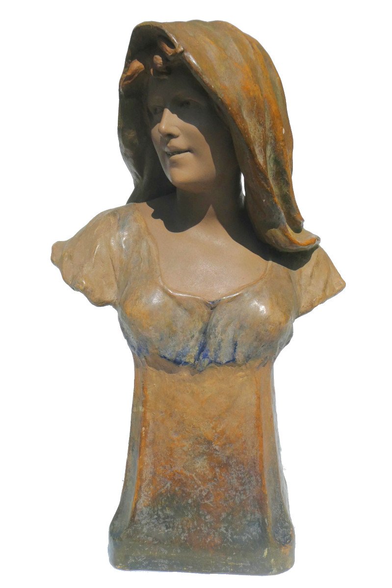 Bust Of Young Woman In Art Nouveau Terracotta, Signed Goldscheider 19th Century, 1900, Sculpture-photo-2