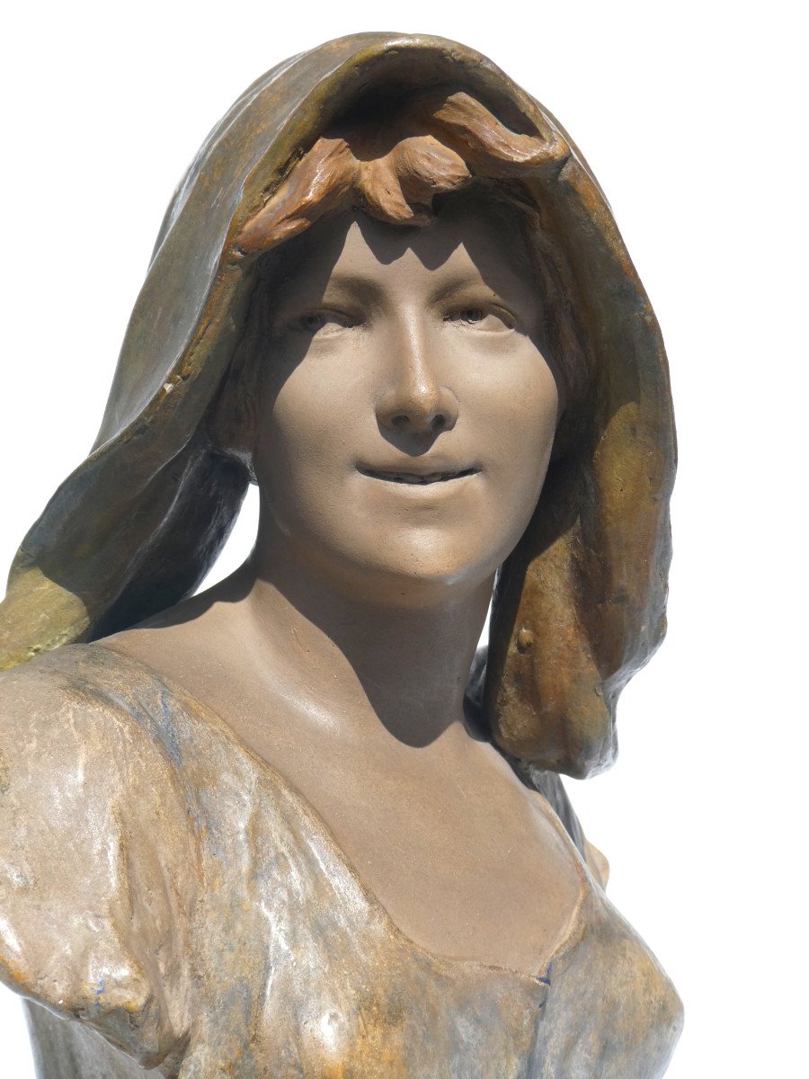 Bust Of Young Woman In Art Nouveau Terracotta, Signed Goldscheider 19th Century, 1900, Sculpture-photo-3