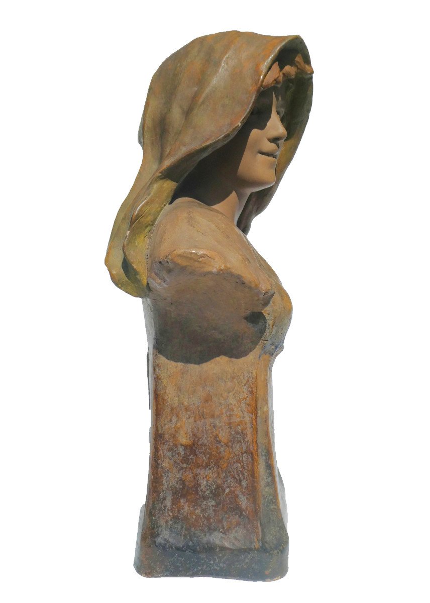 Bust Of Young Woman In Art Nouveau Terracotta, Signed Goldscheider 19th Century, 1900, Sculpture-photo-4