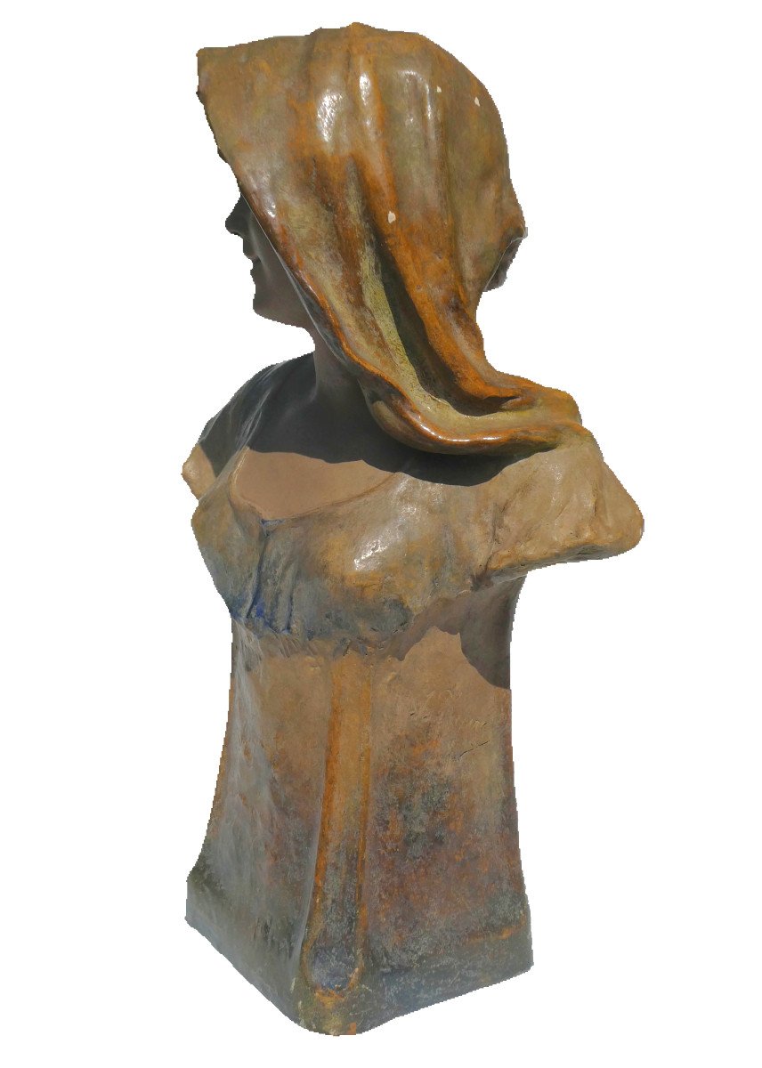 Bust Of Young Woman In Art Nouveau Terracotta, Signed Goldscheider 19th Century, 1900, Sculpture-photo-4