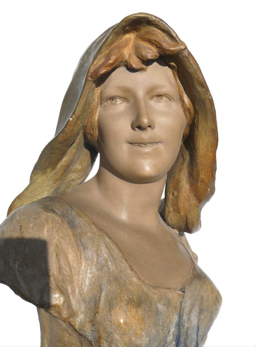 Bust Of Young Woman In Art Nouveau Terracotta, Signed Goldscheider 19th Century, 1900, Sculpture-photo-6
