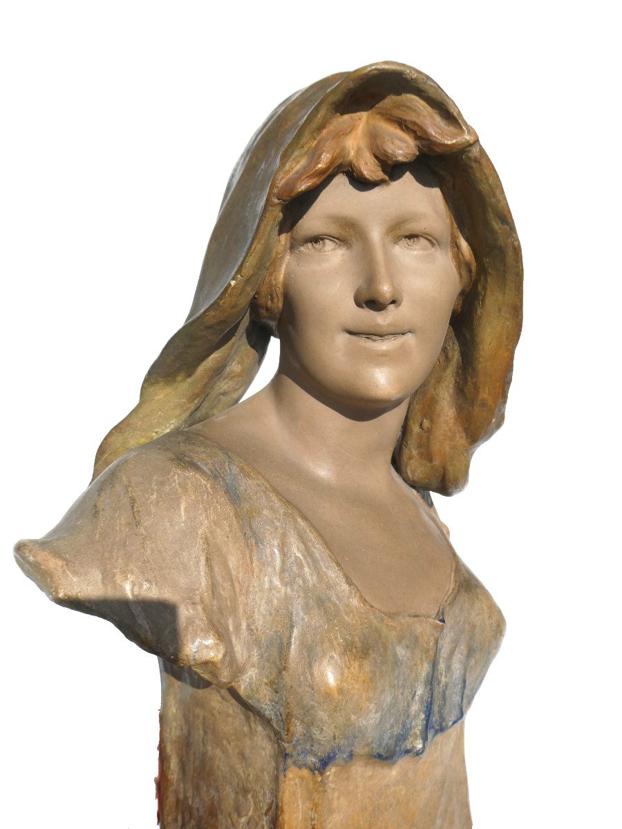 Bust Of Young Woman In Art Nouveau Terracotta, Signed Goldscheider 19th Century, 1900, Sculpture-photo-7