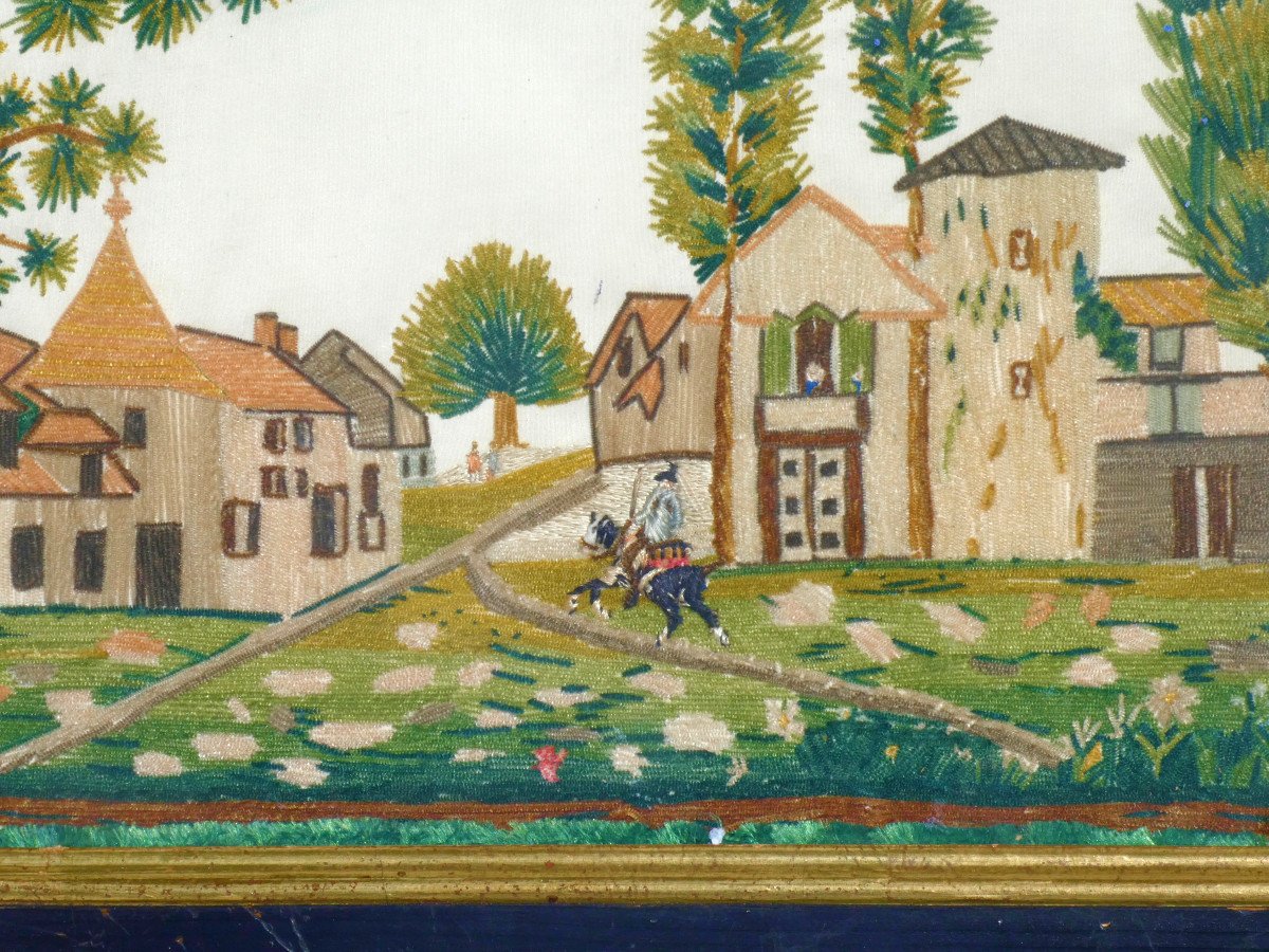 Needle Painting Embroidery 18th Century Village Scene, Rider Folk Art-photo-2