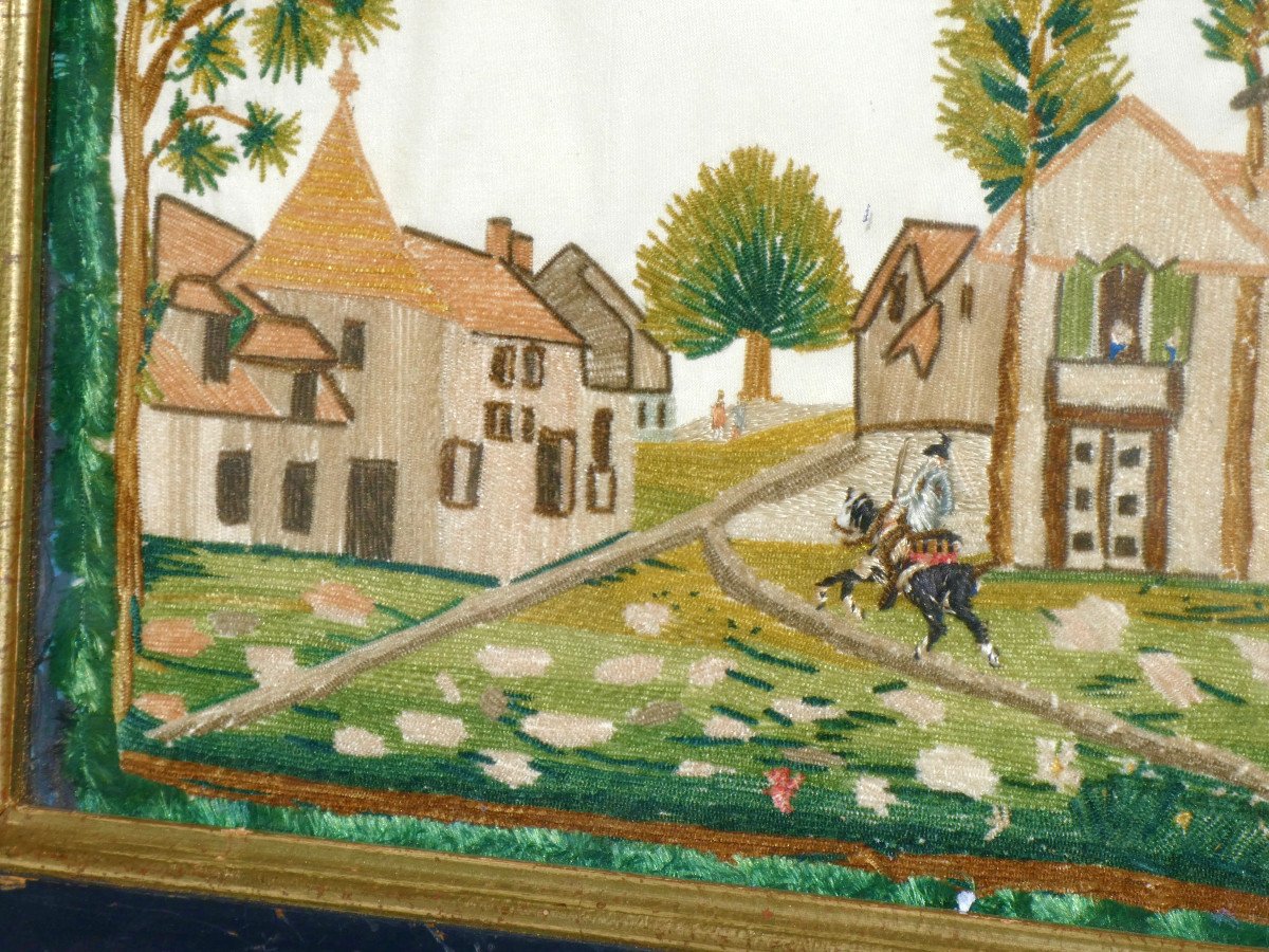 Needle Painting Embroidery 18th Century Village Scene, Rider Folk Art-photo-3