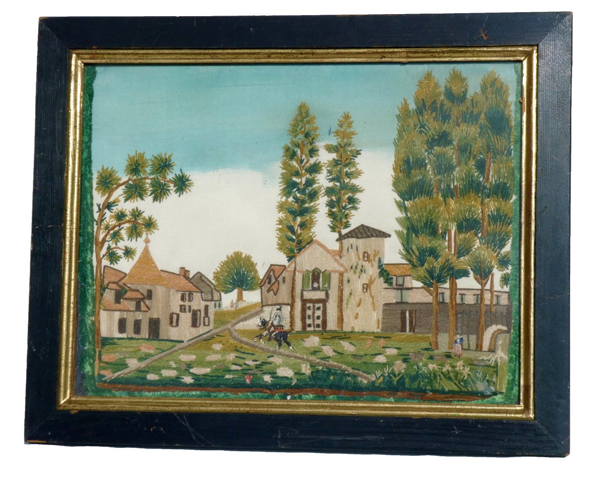Needle Painting Embroidery 18th Century Village Scene, Rider Folk Art