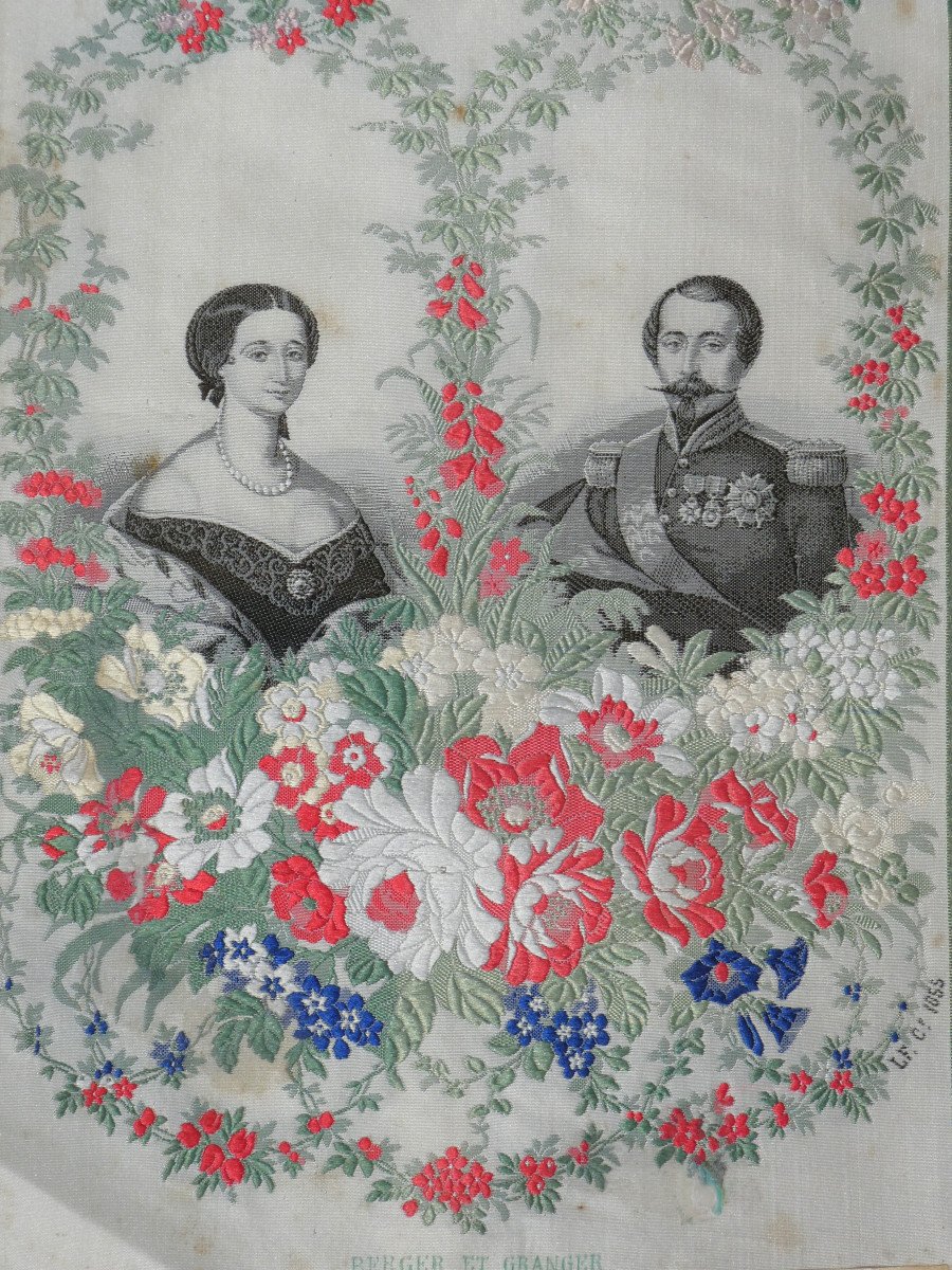 Portrait On Silk, Imperial Couple, Emperor Napoleon III & Empress Eugenie 19th Century Lyon-photo-2