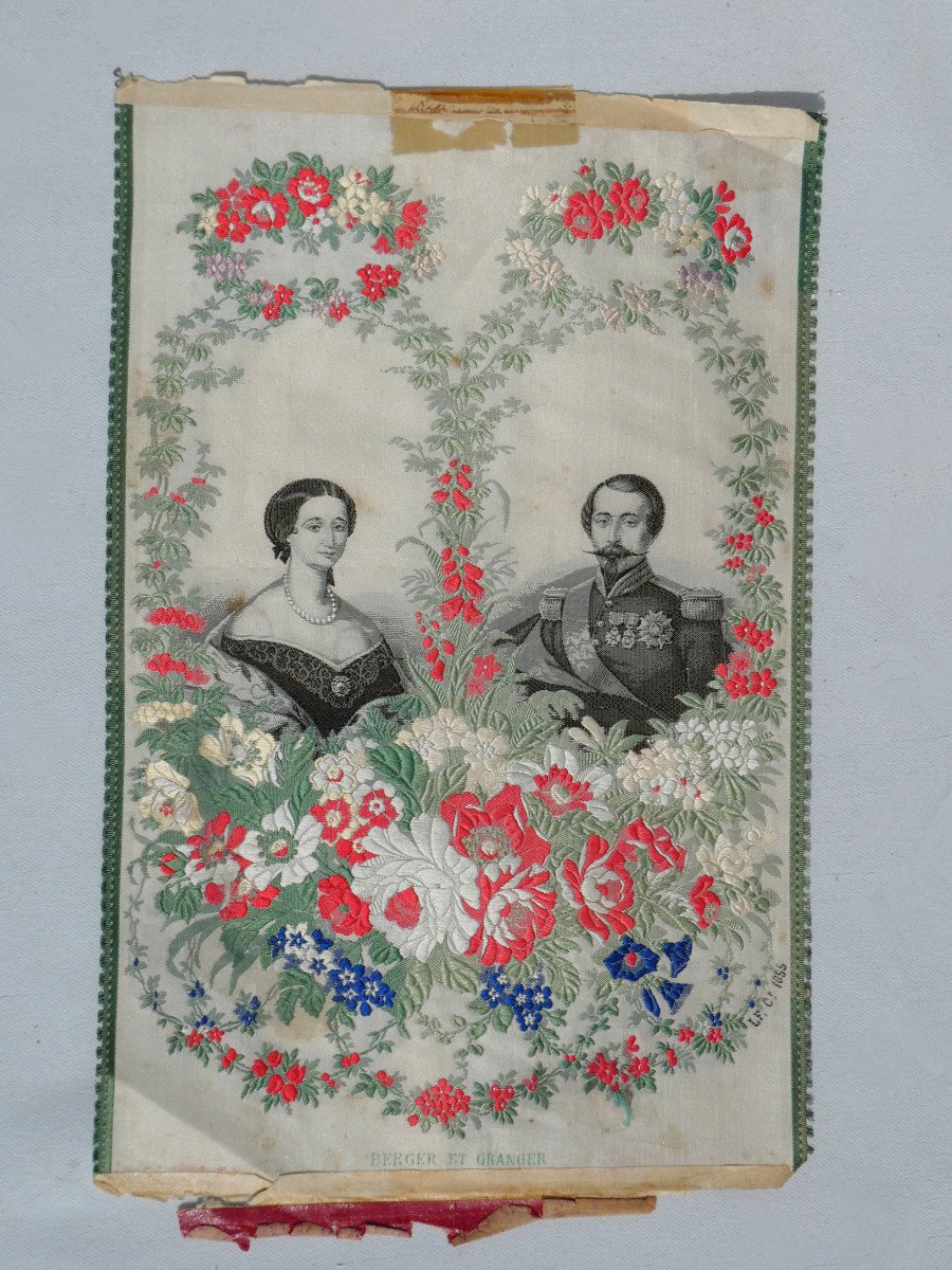 Portrait On Silk, Imperial Couple, Emperor Napoleon III & Empress Eugenie 19th Century Lyon-photo-2