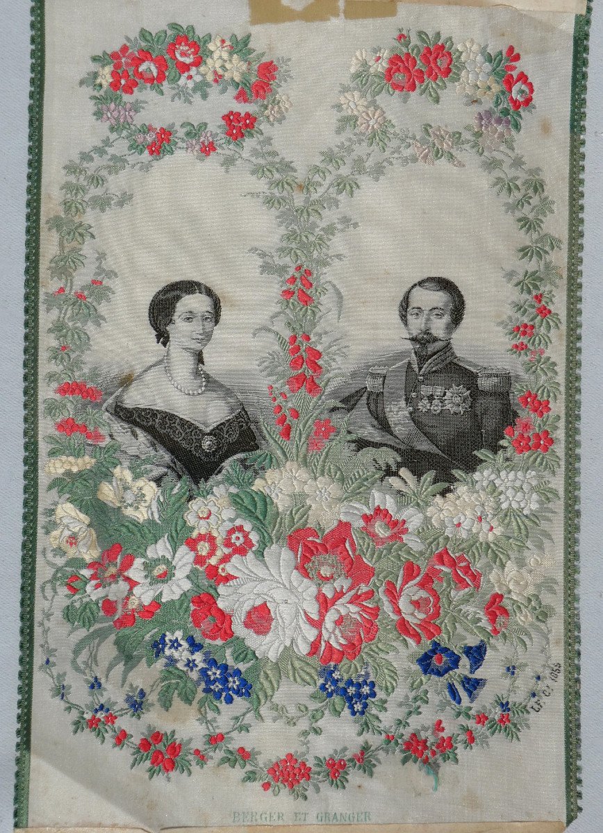 Portrait On Silk, Imperial Couple, Emperor Napoleon III & Empress Eugenie 19th Century Lyon