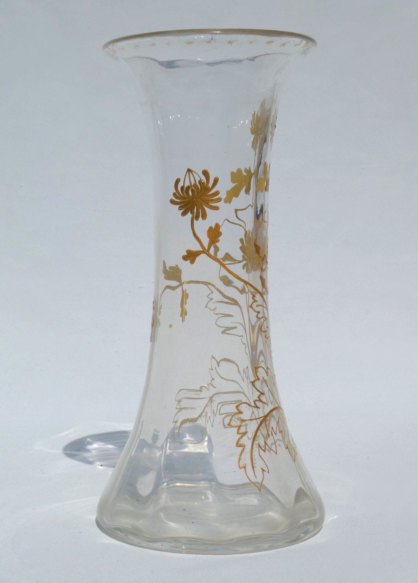 Vase Diabolo émaillé Cristal De Baccarat , Décor émaillé à Chaud De Dorure , Japonisme 1880 xix-photo-4
