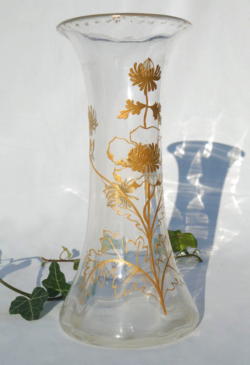 Vase Diabolo émaillé Cristal De Baccarat , Décor émaillé à Chaud De Dorure , Japonisme 1880 xix-photo-2