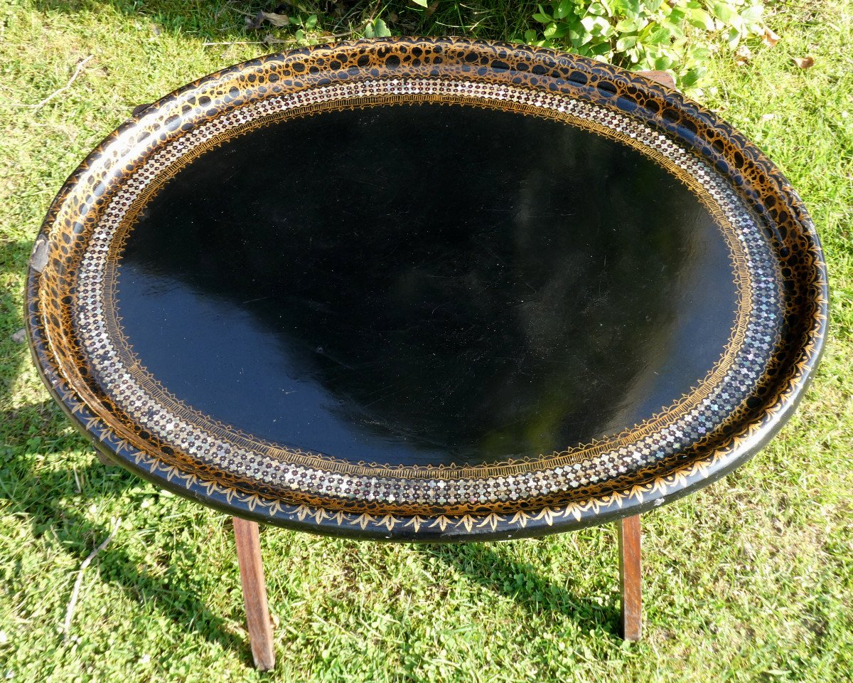 Large Serving Tray In Boiled Cardboard / Paper Mache Nineteenth Napoleon III Mother-of-pearl Coffee Table-photo-1
