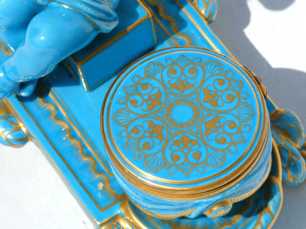 Sevres Style Turquoise Porcelain Inkwell, Amour Au Tambours Angelot 18th Century, Napoleon III-photo-4