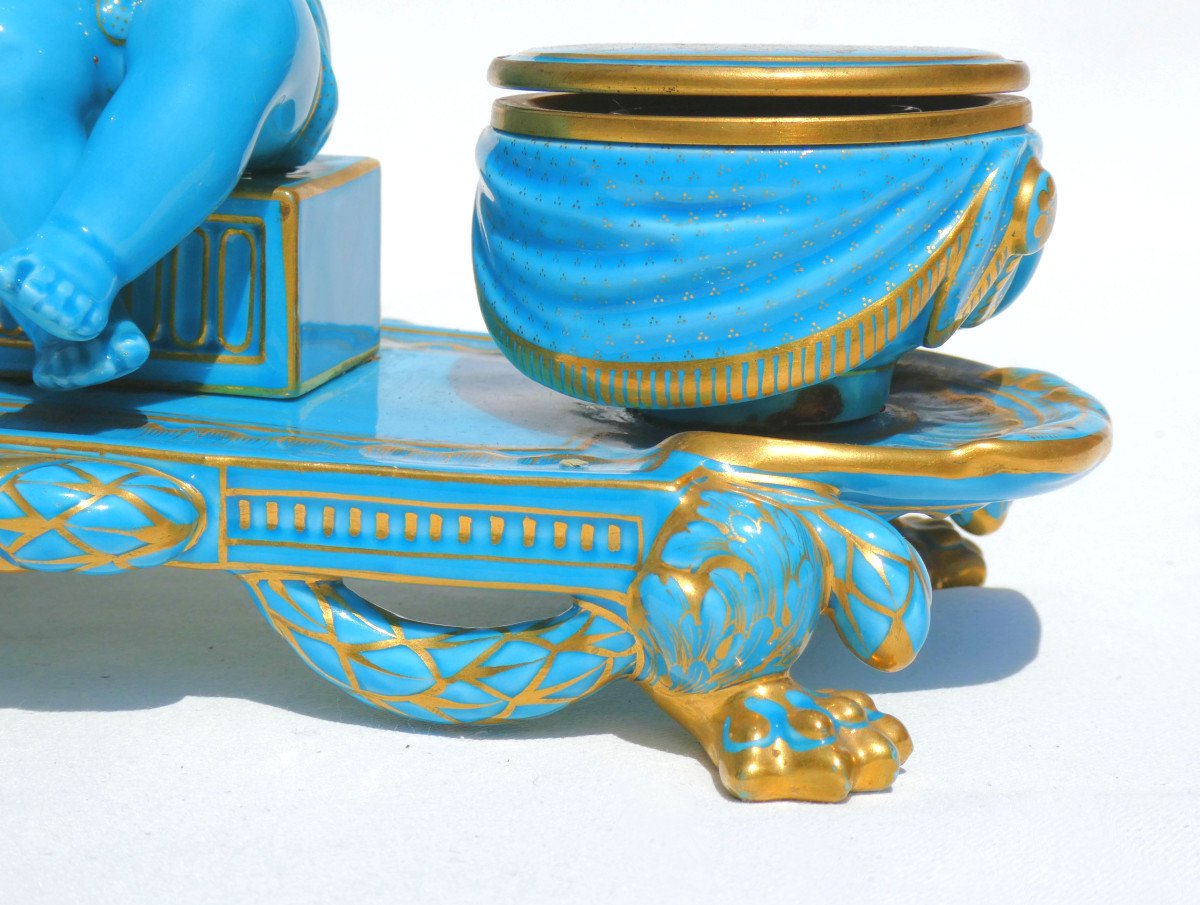 Sevres Style Turquoise Porcelain Inkwell, Amour Au Tambours Angelot 18th Century, Napoleon III-photo-2