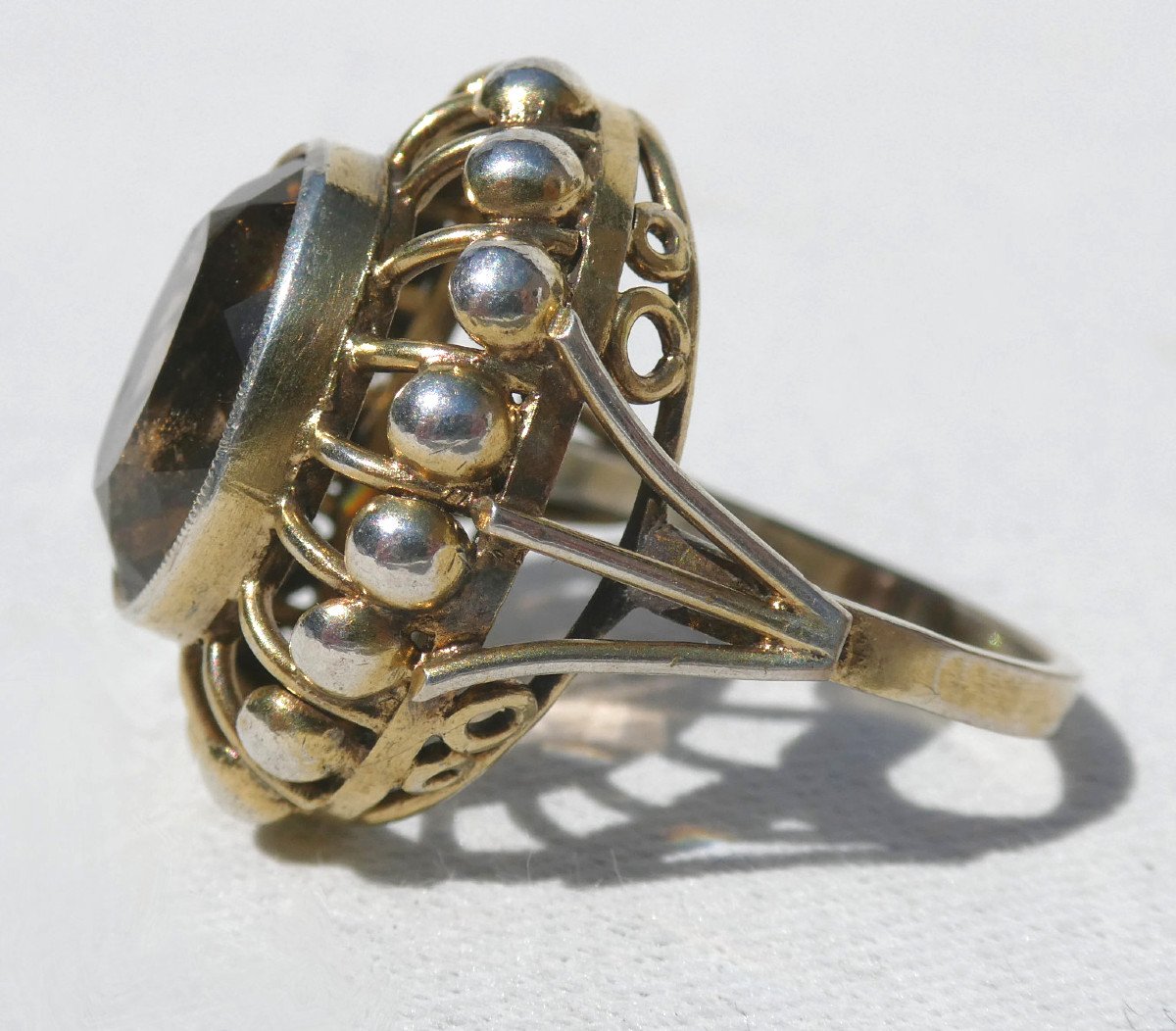 Art Deco Period Ring 1930, Antique Jewelry, Silver Vermeil Setting, Smoky Quartz-photo-2