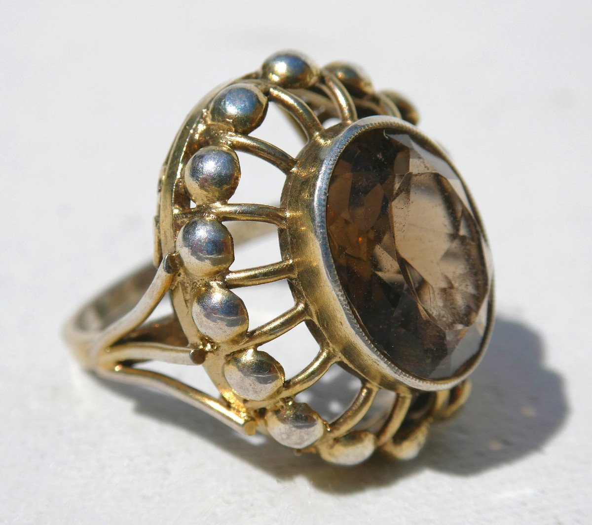 Art Deco Period Ring 1930, Antique Jewelry, Silver Vermeil Setting, Smoky Quartz-photo-3