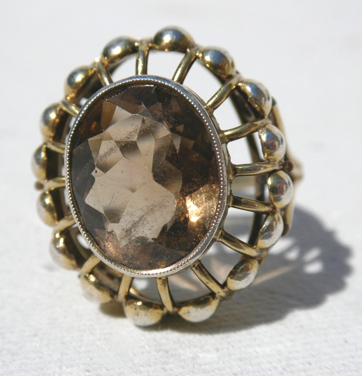 Art Deco Period Ring 1930, Antique Jewelry, Silver Vermeil Setting, Smoky Quartz-photo-2