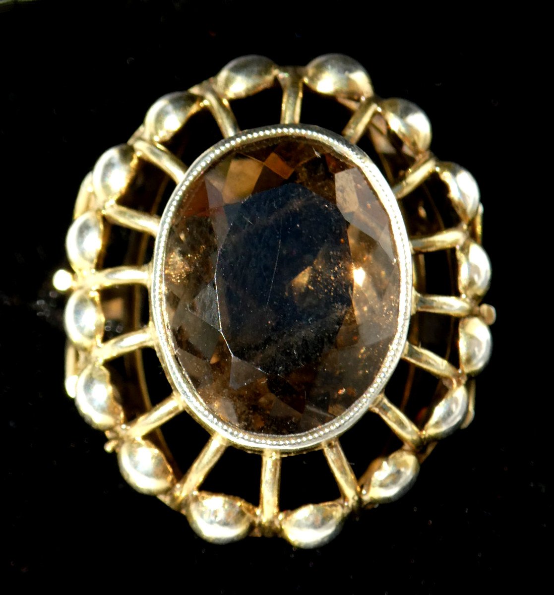 Art Deco Period Ring 1930, Antique Jewelry, Silver Vermeil Setting, Smoky Quartz-photo-7