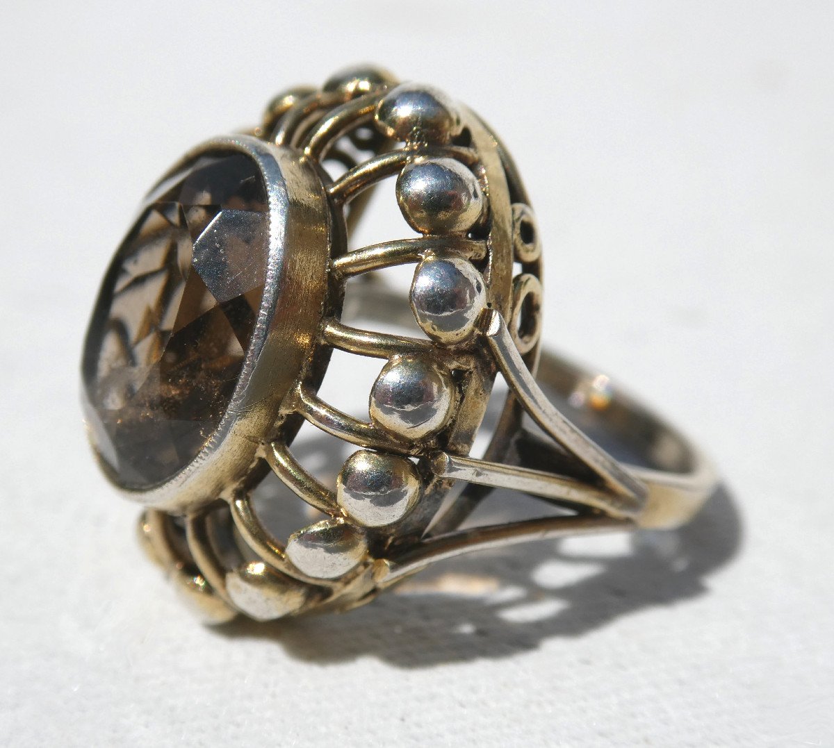 Art Deco Period Ring 1930, Antique Jewelry, Silver Vermeil Setting, Smoky Quartz