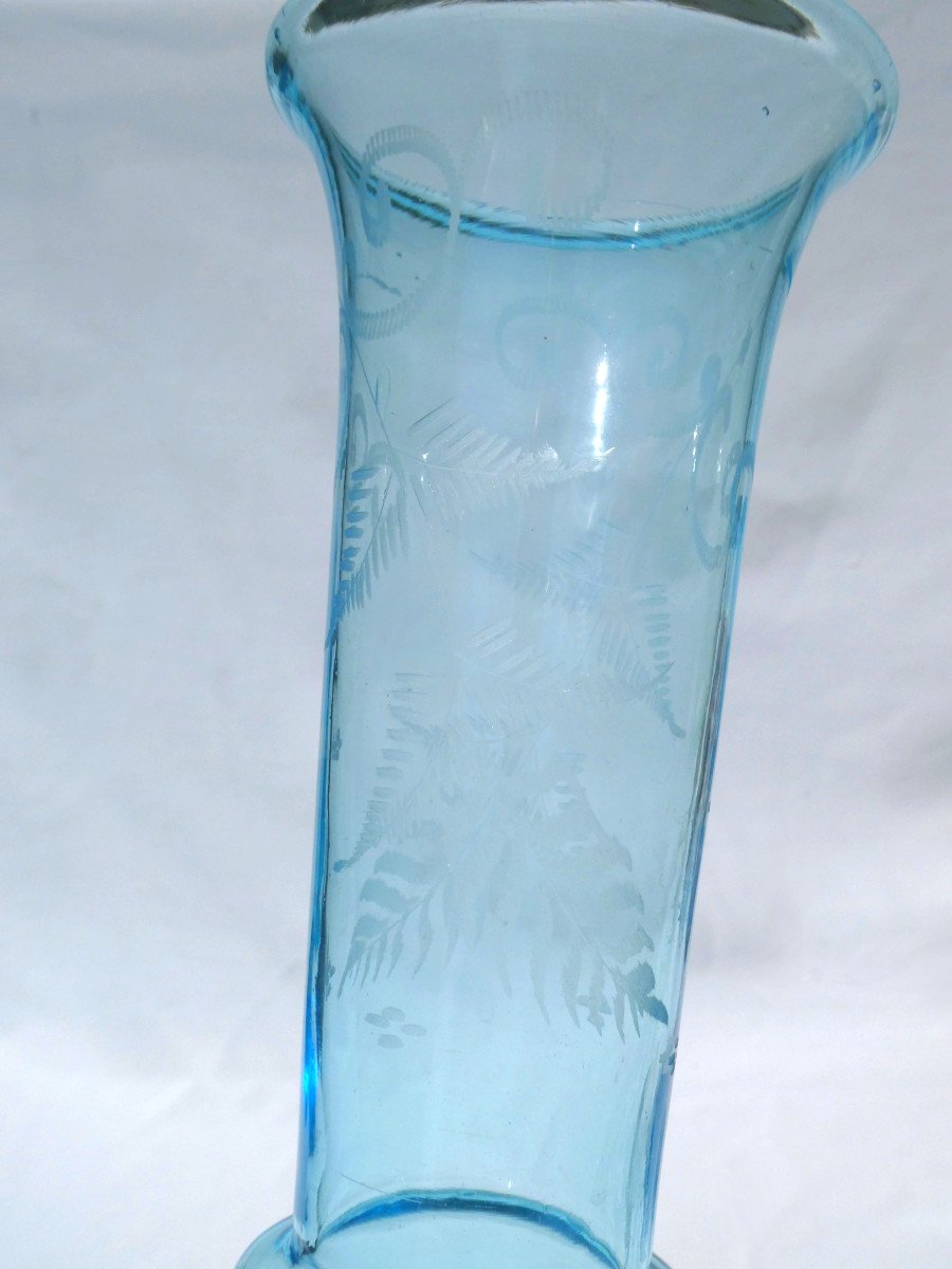 Grand Vase Soliflore En Verre Sablé , époque Louis Philippe , Vers 1830 , Bleu Décor De Fougere-photo-2