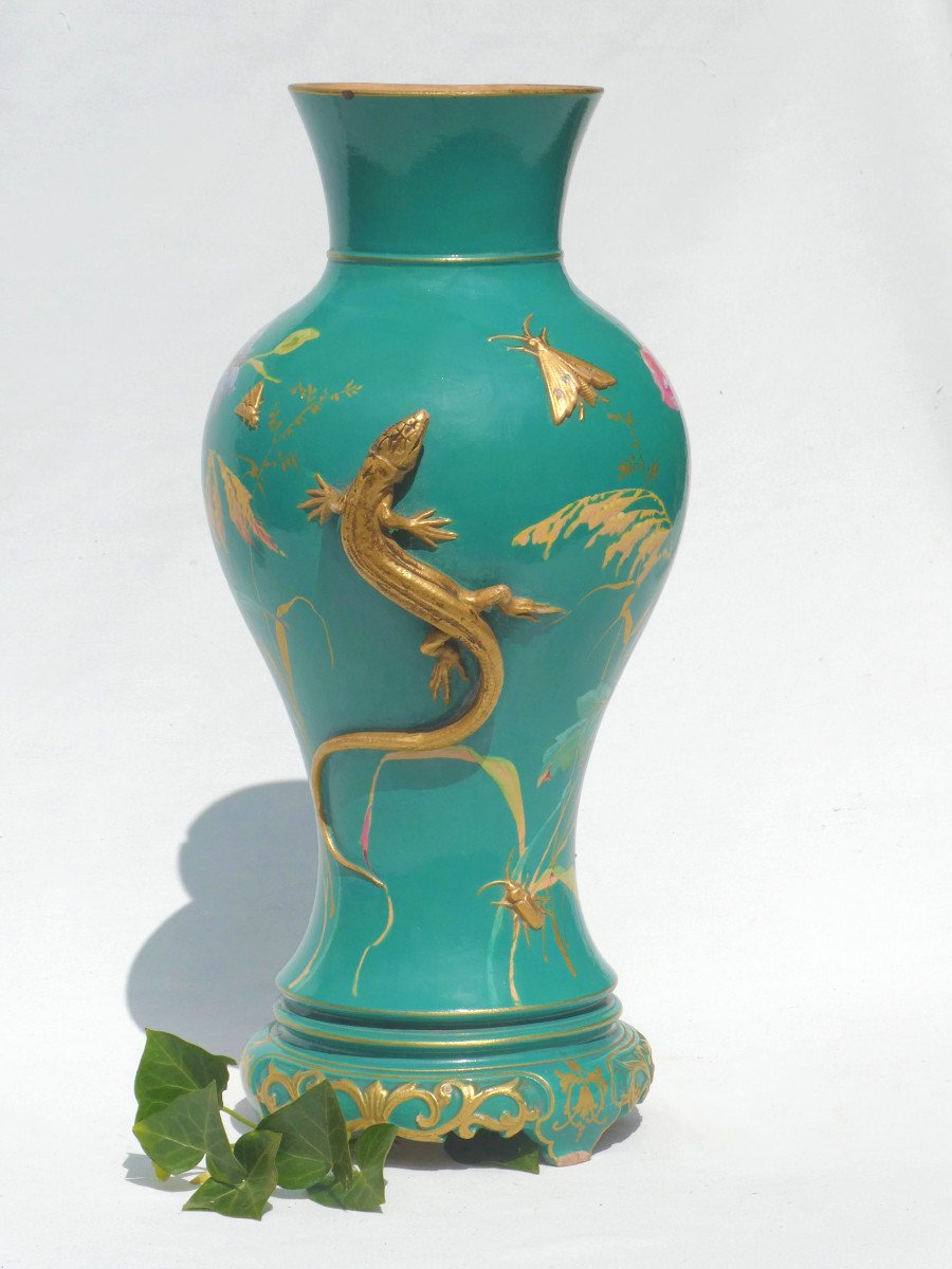 Vase Epoque Art Nouveau , D&eacute;cor d&#039;Insectes &amp; Lezard , Papillon XIXe , Terre Cuite &eacute;maill&eacute;e-photo-2