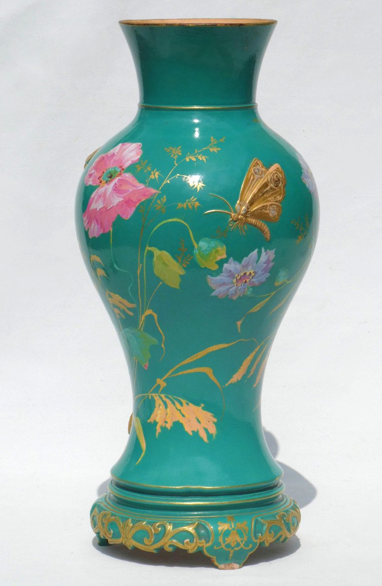 Vase Epoque Art Nouveau , D&eacute;cor d&#039;Insectes &amp; Lezard , Papillon XIXe , Terre Cuite &eacute;maill&eacute;e-photo-3