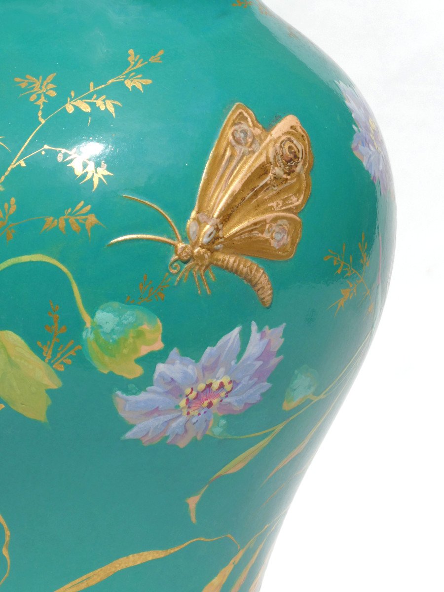 Vase Epoque Art Nouveau , D&eacute;cor d&#039;Insectes &amp; Lezard , Papillon XIXe , Terre Cuite &eacute;maill&eacute;e-photo-4