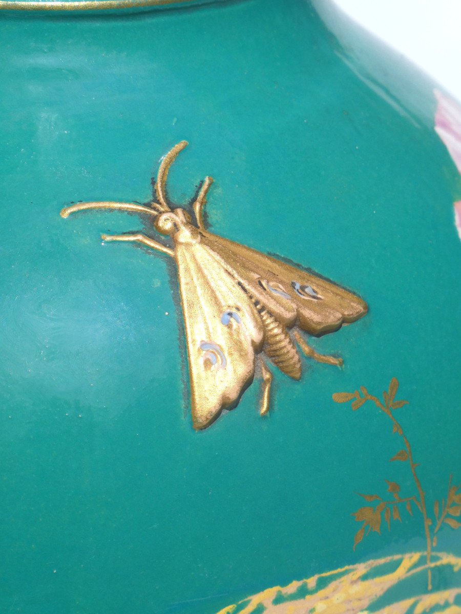 Vase Epoque Art Nouveau , D&eacute;cor d&#039;Insectes &amp; Lezard , Papillon XIXe , Terre Cuite &eacute;maill&eacute;e-photo-1