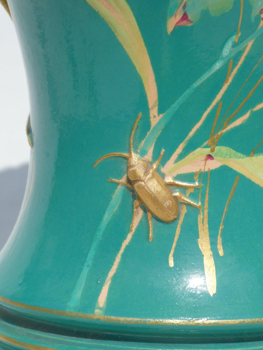 Vase Epoque Art Nouveau , D&eacute;cor d&#039;Insectes &amp; Lezard , Papillon XIXe , Terre Cuite &eacute;maill&eacute;e-photo-2