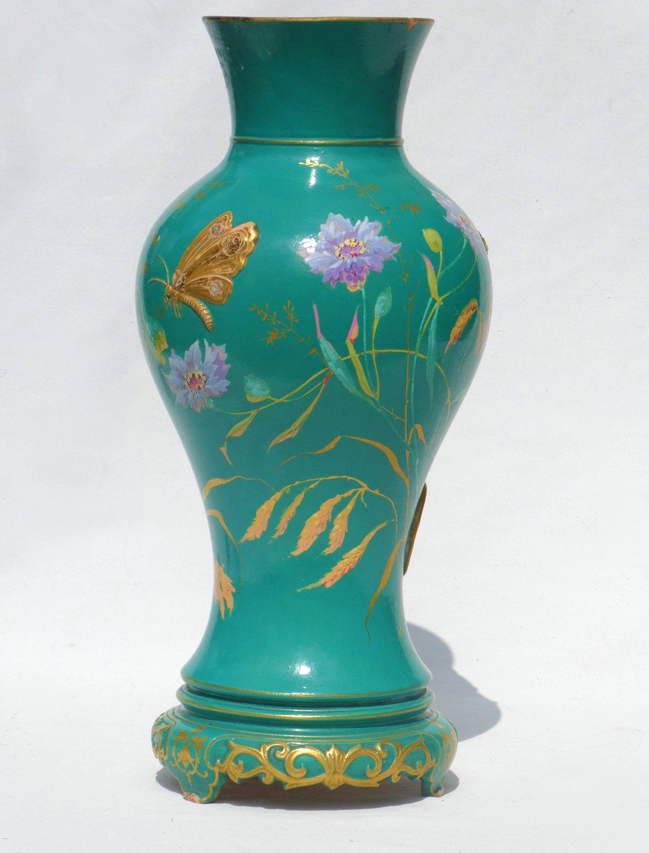 Vase Epoque Art Nouveau , D&eacute;cor d&#039;Insectes &amp; Lezard , Papillon XIXe , Terre Cuite &eacute;maill&eacute;e-photo-3
