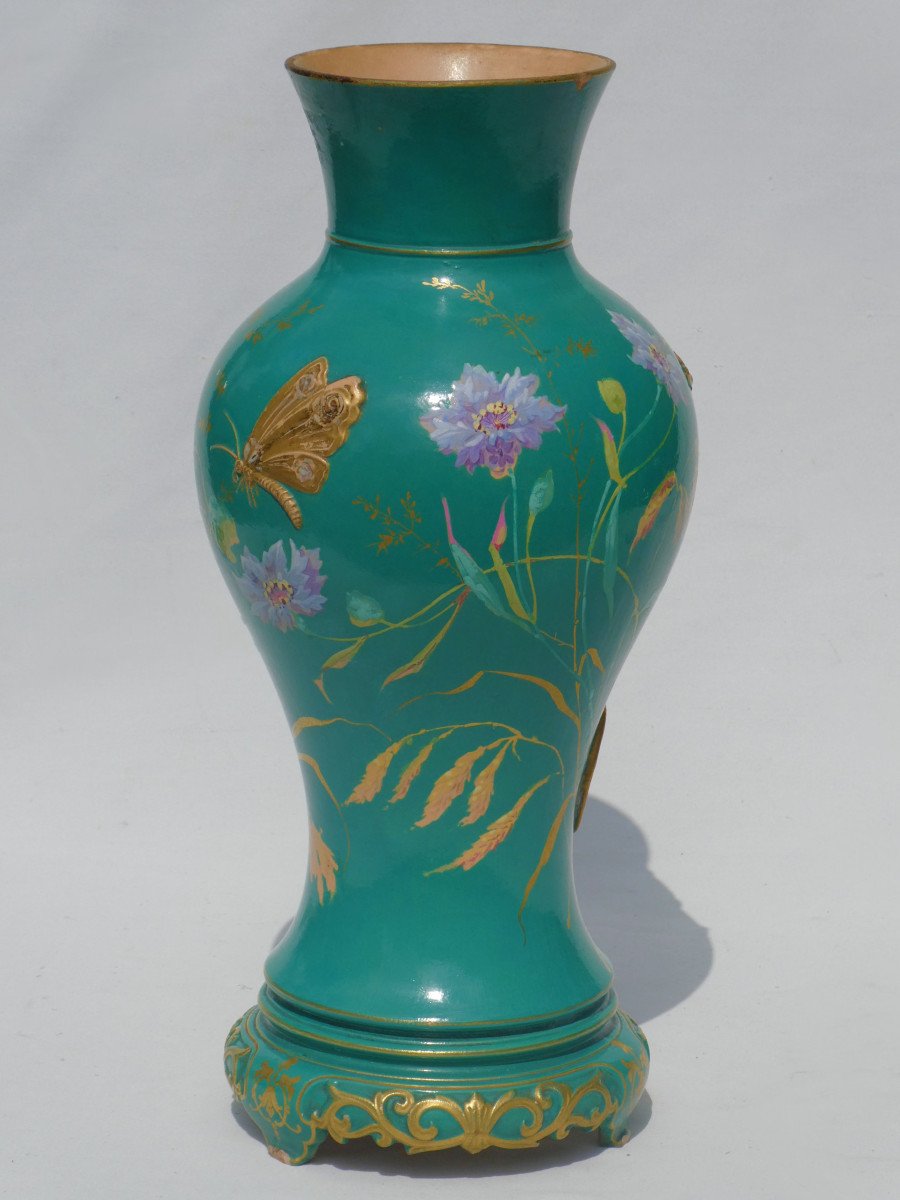 Vase Epoque Art Nouveau , D&eacute;cor d&#039;Insectes &amp; Lezard , Papillon XIXe , Terre Cuite &eacute;maill&eacute;e-photo-4