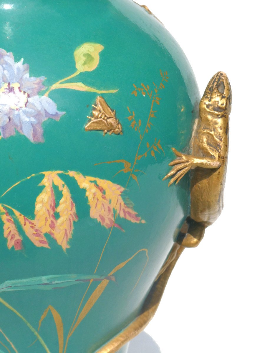 Vase Epoque Art Nouveau , D&eacute;cor d&#039;Insectes &amp; Lezard , Papillon XIXe , Terre Cuite &eacute;maill&eacute;e-photo-6