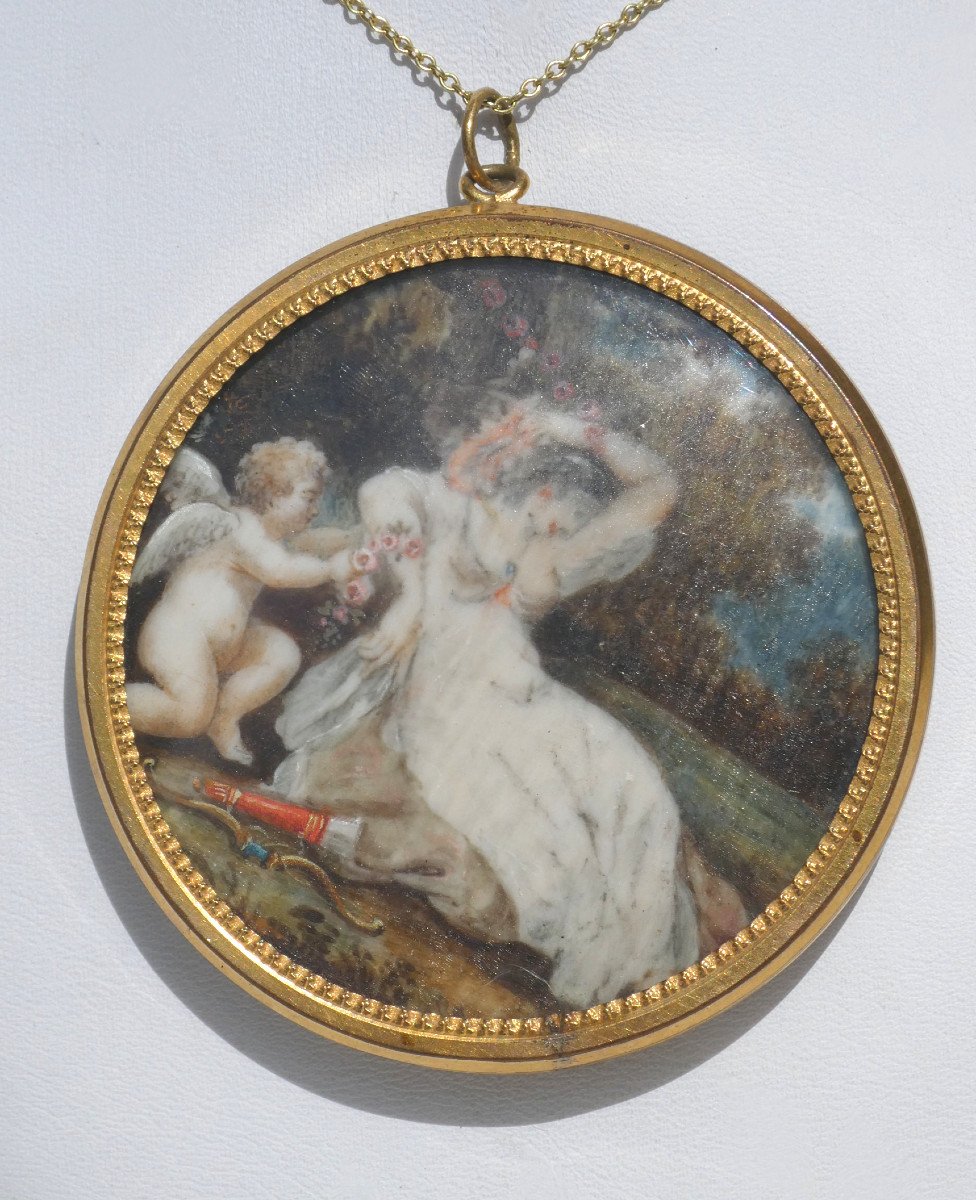 Medaillon Souvenir Bijou Style XVIIIe Siecle Miniature Cupidon & Aphrodite Mythologie